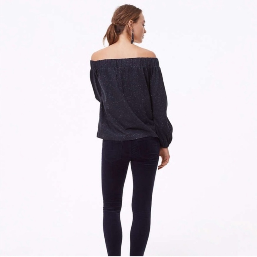 EUC Loft shimmer metallic charcoal off shoulder long blouson sleeve blouse top - Picture 3 of 7